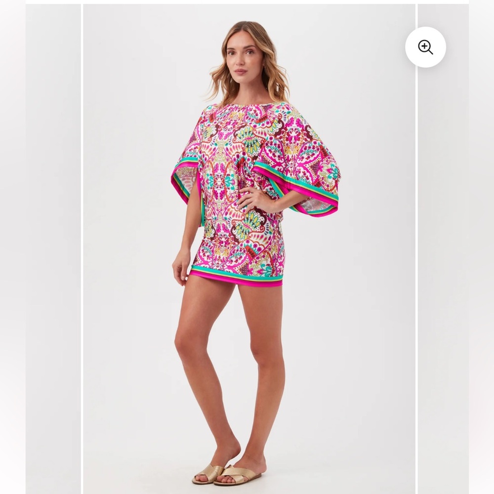 Trina Turk NWT Pink & Green Hawaiian Garden Boatneck Tunic Swim Cover Mini Dress